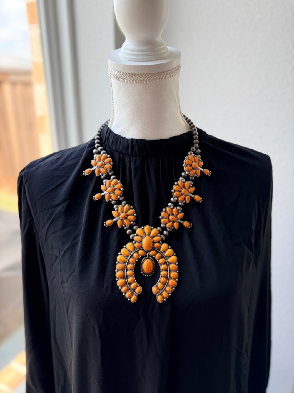 Western Fashion Orange Squash Blossom Statement Necklace & Earring Set